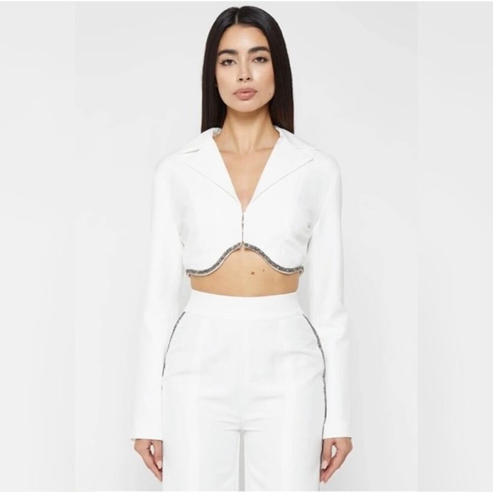 Manière De Voir Cropped Blazer Embellished Hem White US 2